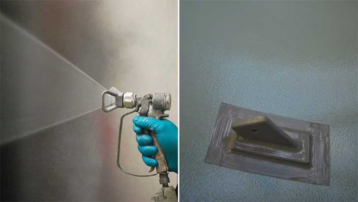 Above left: Belzona 1523 sprayed applied, above right: Belzona 1523 and Belzona 1593 completed application