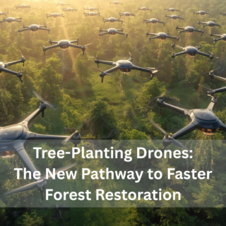 Drones planting biodegradable seed pods over a partially reforested landscape with sunlight filtering through trees, illustrating real-world forest restoration technology.