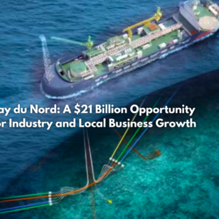 Offshore oil platform at Bay du Nord with support vessels and industrial activity in Newfoundland and Labrador