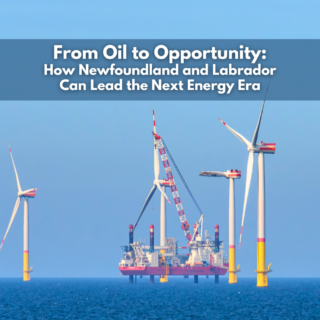 Offshore oil platform, hydroelectric dam, and wind turbines representing Newfoundland and Labrador’s integrated energy future