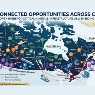 Map of Canada highlighting interconnected opportunities in energy, critical minerals, infrastructure, AI, and emerging resources across regions