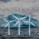 view of Canada’s Arctic landscape with icebergs, and wind turbines representing emerging clean energy technologies.