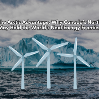view of Canada’s Arctic landscape with icebergs, and wind turbines representing emerging clean energy technologies.
